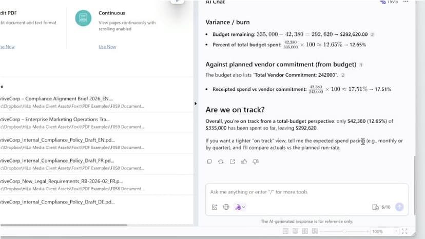 Foxit PDF Editor’s AI Chat panel compares vendor budget figures beside the open documents.
