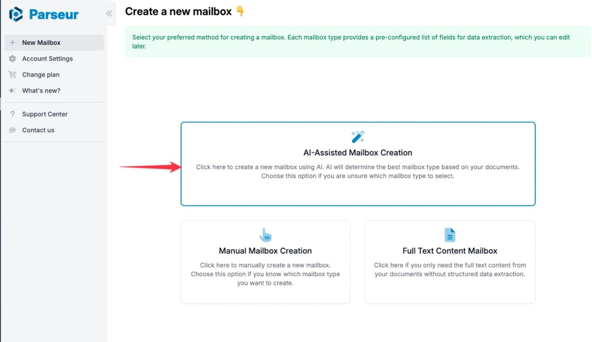 Parseur mailbox setup with AI-Assisted Mailbox Creation above manual and full-text mailbox options.