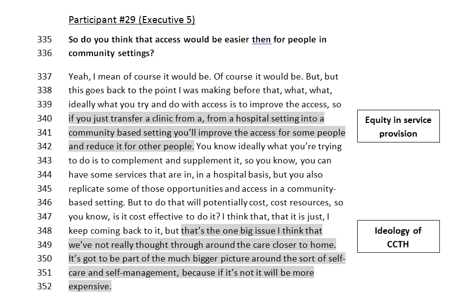 Published framework-method supplement showing a line-numbered participant excerpt with highlighted passages linked to Equity in service provision and Ideology of CTH codes.