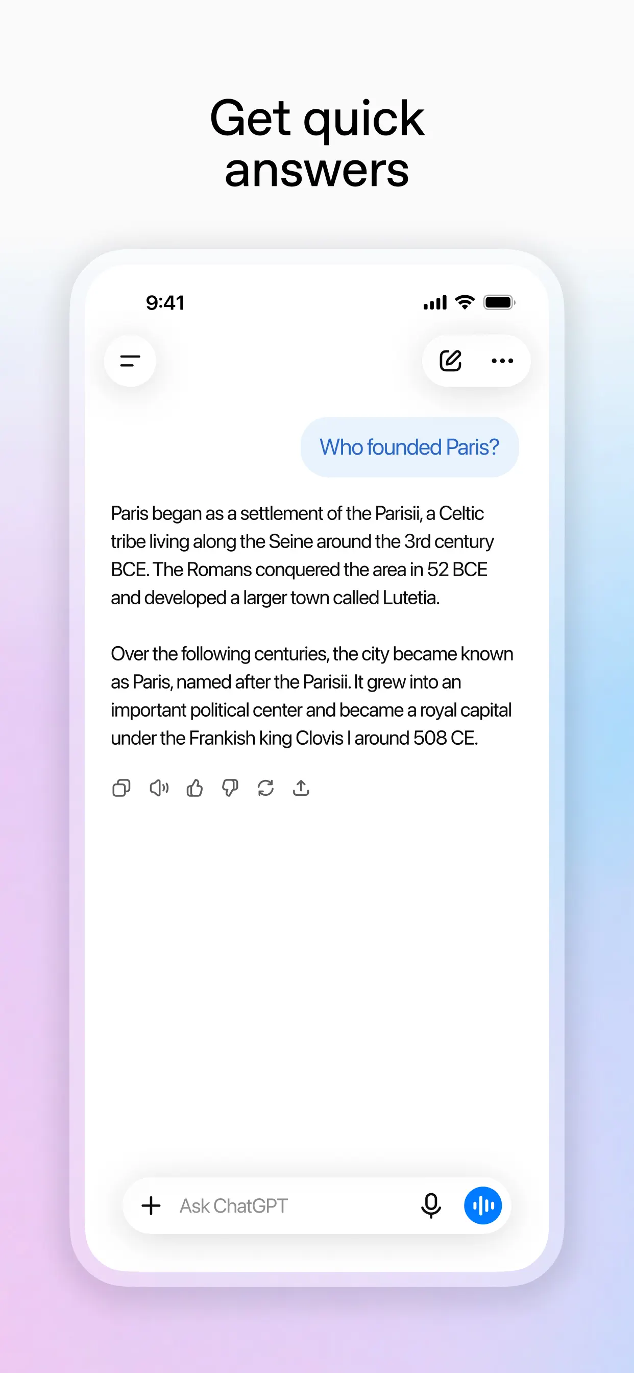 ChatGPT mobile answer screen explaining how Paris developed from the settlement of the Parisii.