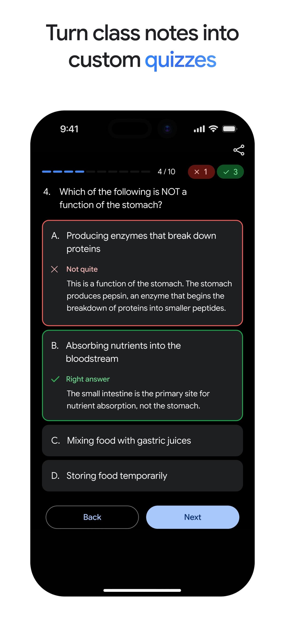 Google Gemini App Store preview showing a custom quiz about stomach function with answer feedback.