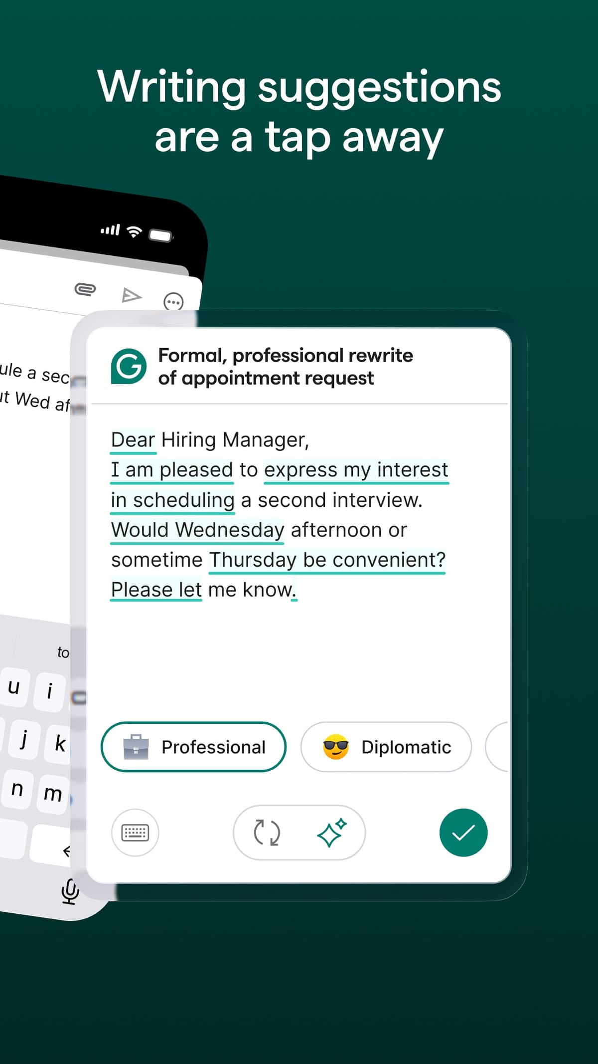 Grammarly App Store preview with an email suggestion card and Professional tone controls.