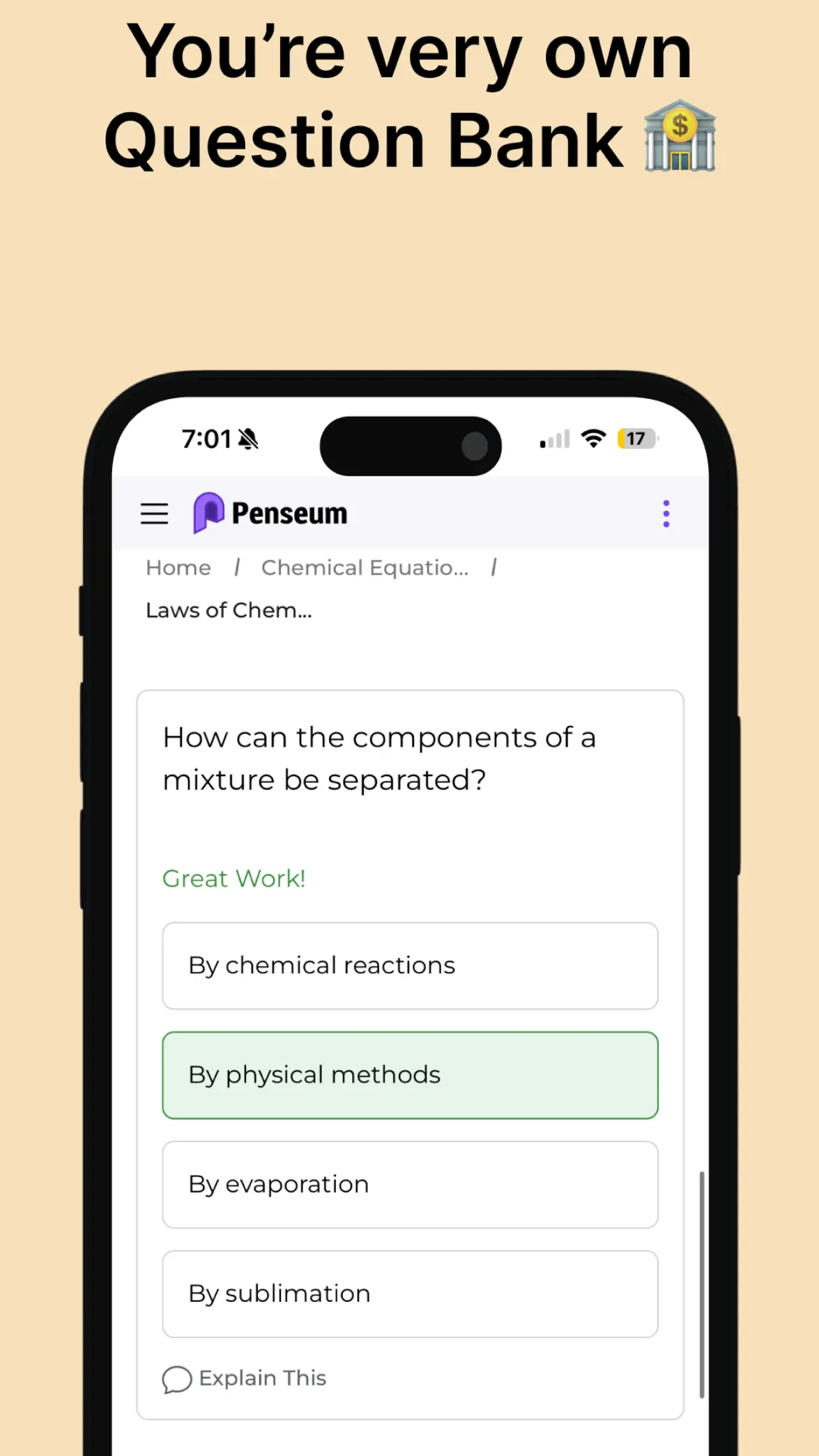 Penseum mobile question-bank quiz screen showing a chemistry question and multiple-choice answers.