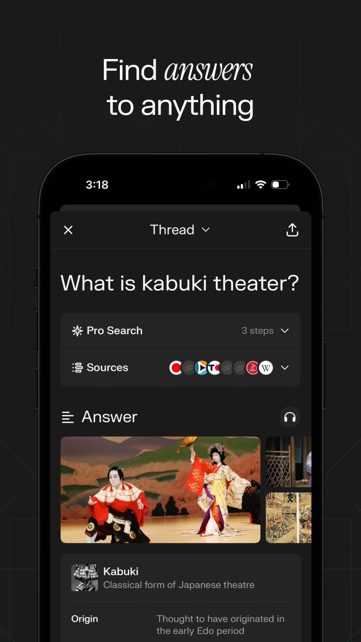 Perplexity App Store preview showing a Kabuki answer beside source cards in a Pro Search thread.