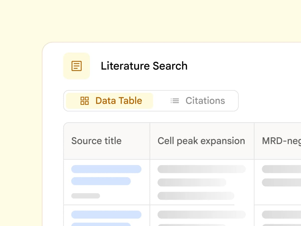 Google Labs illustration of Literature Insights with a literature-search data table, Citations tab and schematic placeholder rows.