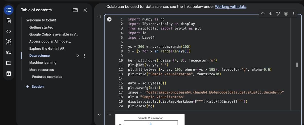Colab public notebook Data science section with a Python NumPy and Matplotlib code cell and sample visualization output.