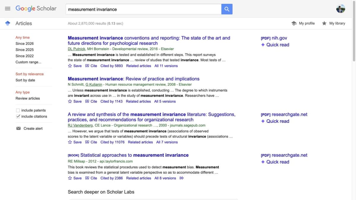 Google Scholar results for measurement invariance, with paper titles and Cited by, Related articles, and Versions links.