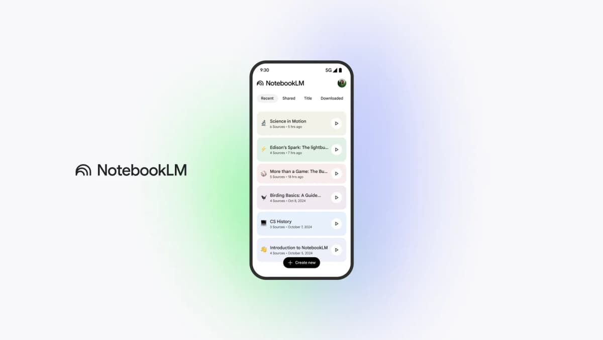 NotebookLM product screenshot showing uploaded sources and a notebook chat workspace.
