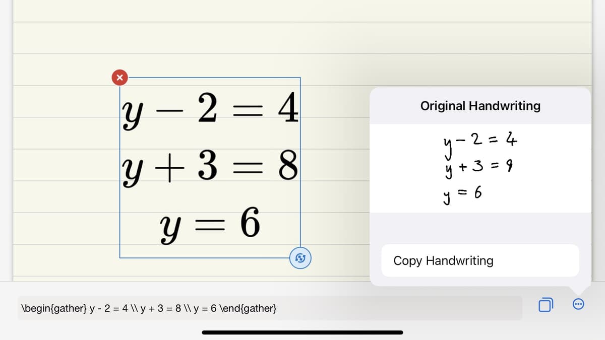Goodnotes 6 screenshot converting handwritten equations into typed math and LaTeX text.