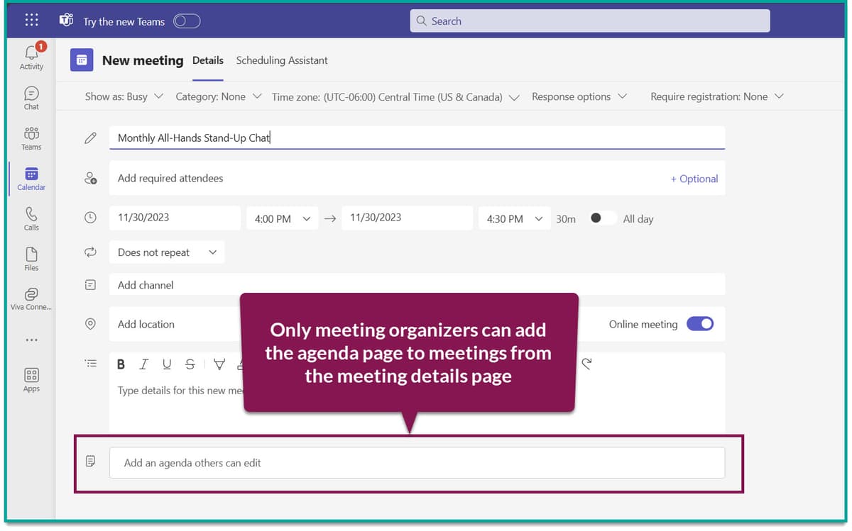 Microsoft Teams meeting details screen with the editable agenda field highlighted for the organizer.