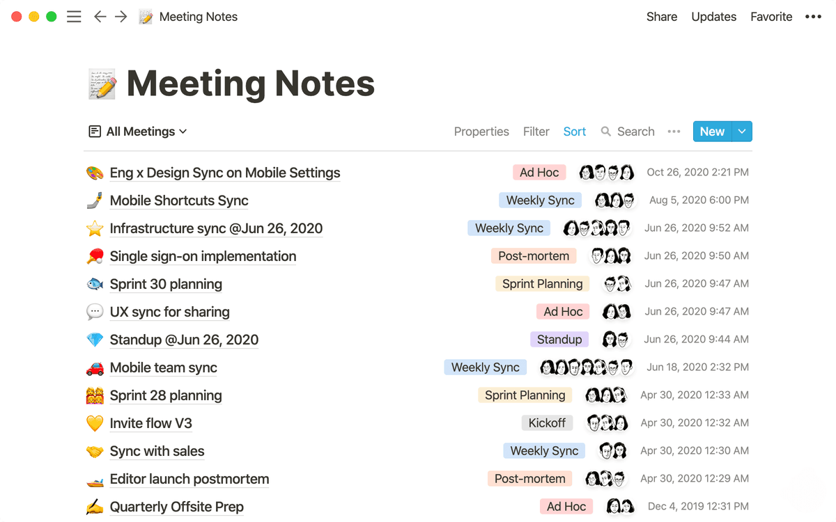 Official Notion meeting notes template screenshot showing a structured meeting page with agenda, decisions, and action item fields.