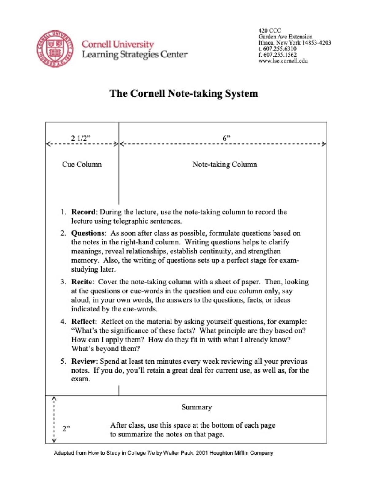 Cornell University Learning Strategies Center Cornell notes layout with cue column, note-taking column, and summary area.