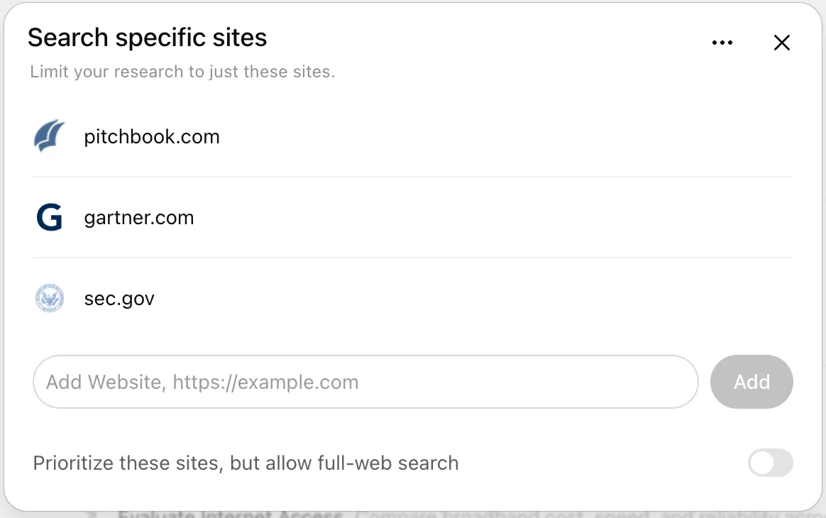 ChatGPT Deep Research settings for limiting research to selected websites