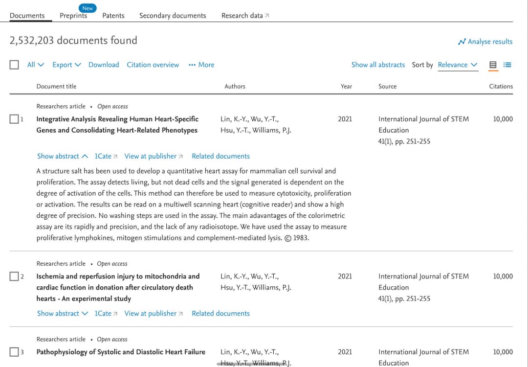 Scopus Documents search results panel from the official support guide, with filters, analysis, and export controls.