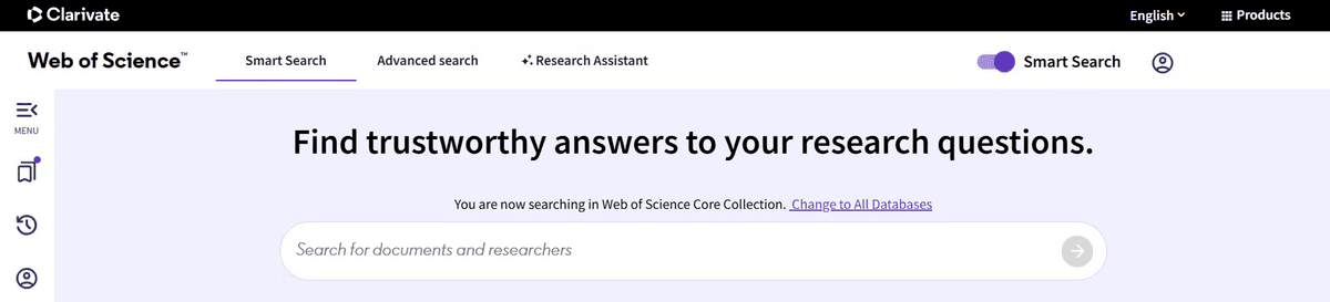 Web of Science Smart Search interface with a document and researcher search field.