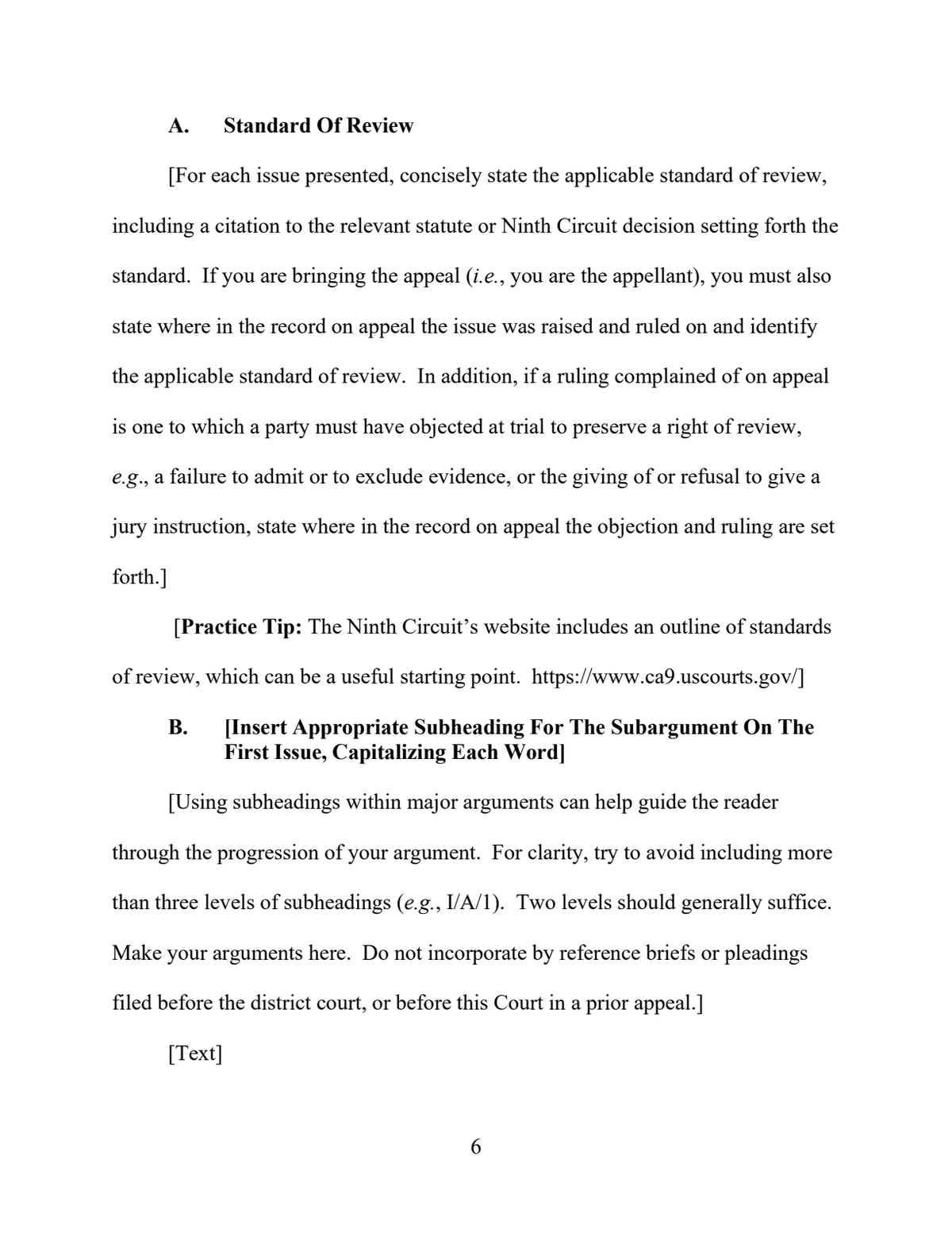 Ninth Circuit shell brief page showing standard-of-review and subargument branches