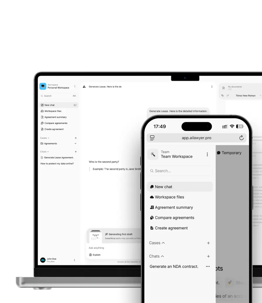AI Lawyer product preview with agreement-summary and comparison controls.
