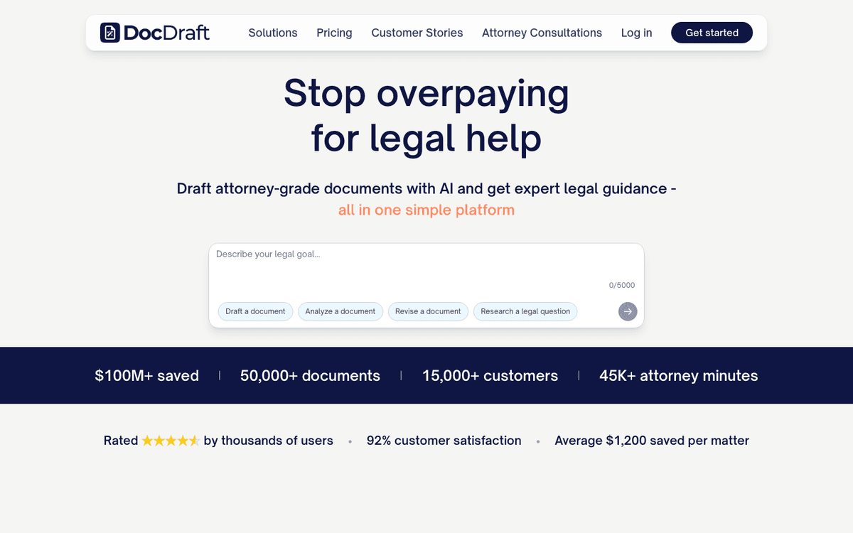 DocDraft official homepage showing legal document drafting, document analysis, revision, and legal-question workflow options