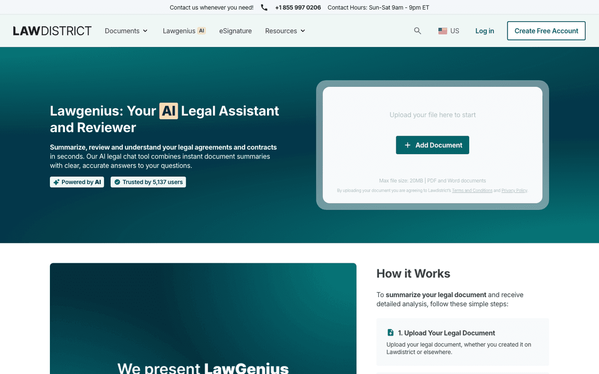 Lawdistrict Lawgenius official legal document reviewer page showing the upload-and-review workflow
