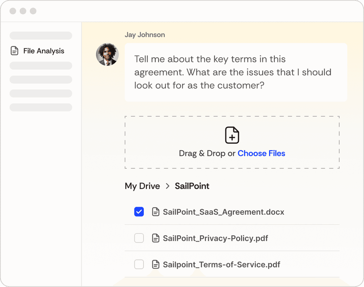 Paxton Document Analysis illustration with a sample contract prompt and file-upload panel.