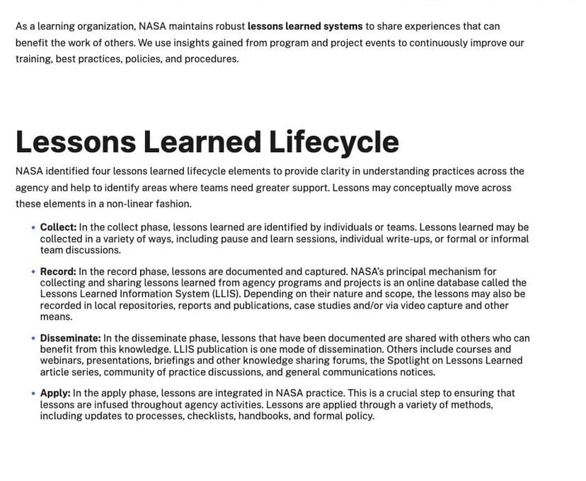 NASA’s Lessons Learned lifecycle: Collect, Record, Disseminate, and Apply.