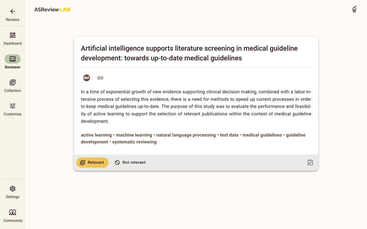 ASReview LAB reviewer screen showing a medical-guideline paper abstract and relevant or irrelevant decisions.