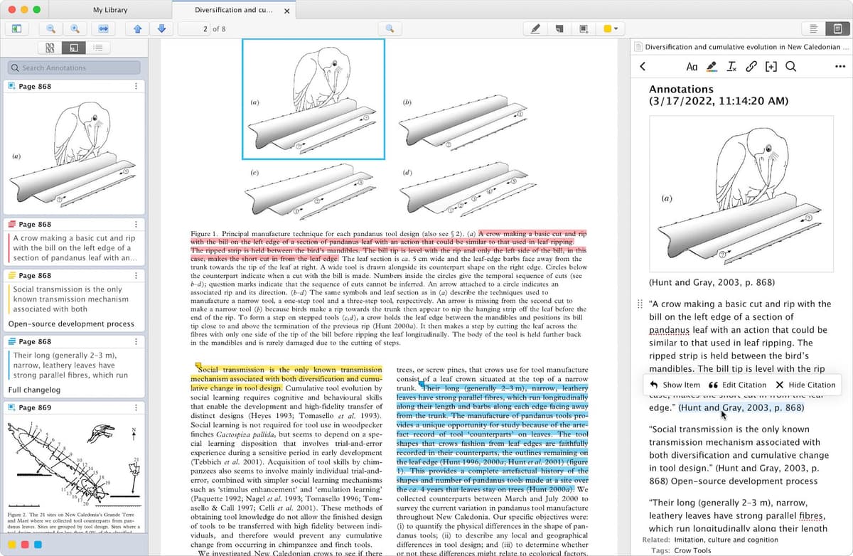 Zotero PDF reader with a source passage beside annotation excerpts and citations in a linked note pane.