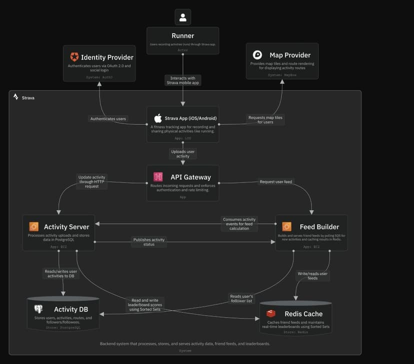 IcePanel Level 2 C4 model of Strava connecting its mobile app, identity and map providers, API gateway, activity services, and data stores.