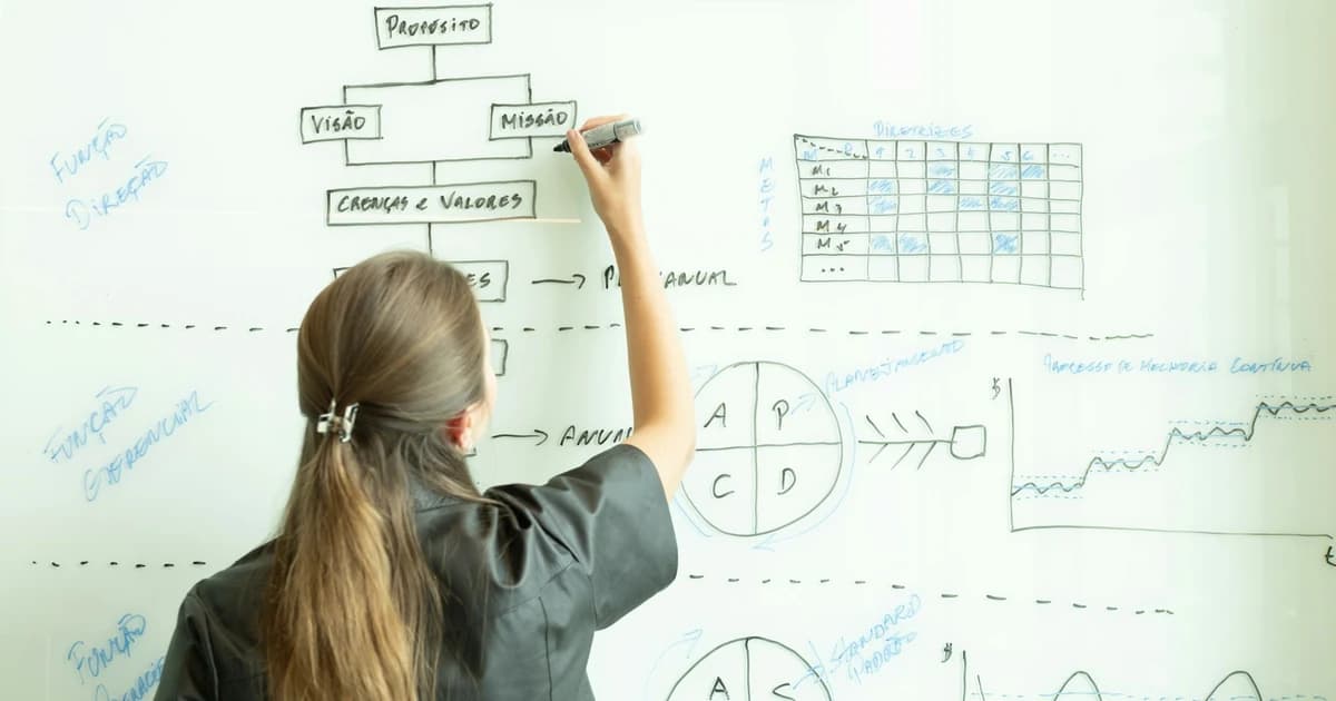 A woman draws a flowchart on a whiteboard.