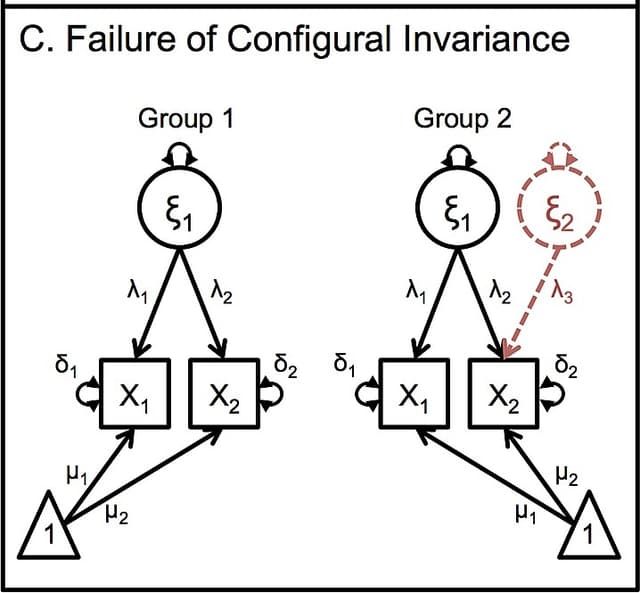 Published path diagram showing a second latent factor in Group 2, a failure of configural invariance.