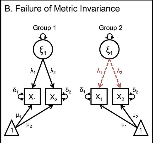 Published path diagram showing unequal factor loadings in Group 2, a failure of metric invariance.