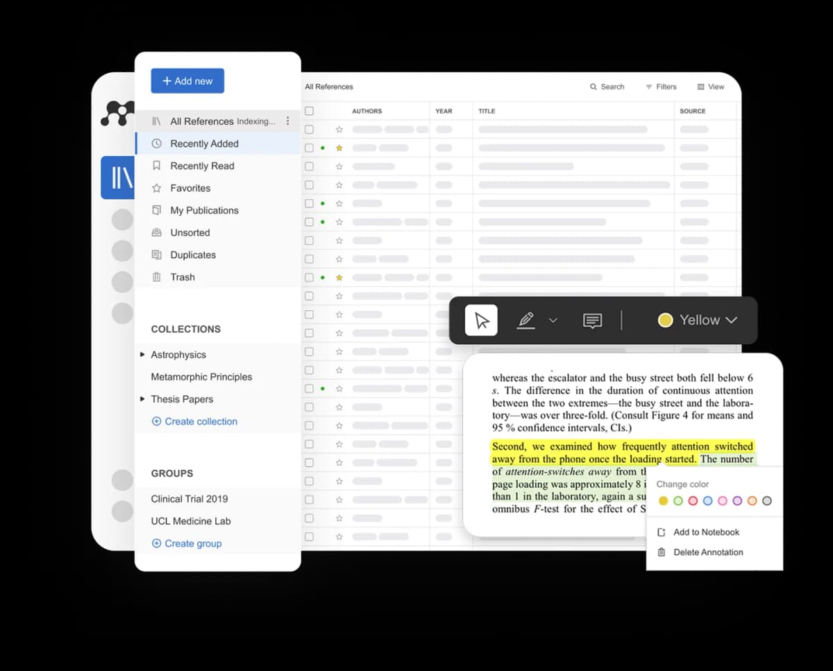 Official Mendeley Reference Manager visual showing the library table, collections sidebar, PDF annotation controls, notebook action, and group areas.