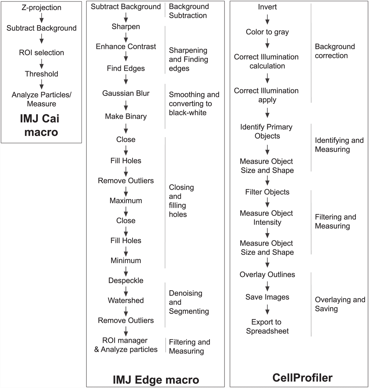 Priya Choudhry's PLOS Figure 1 comparing processing sequences for IMJ Cai, IMJ Edge and CellProfiler colony detection