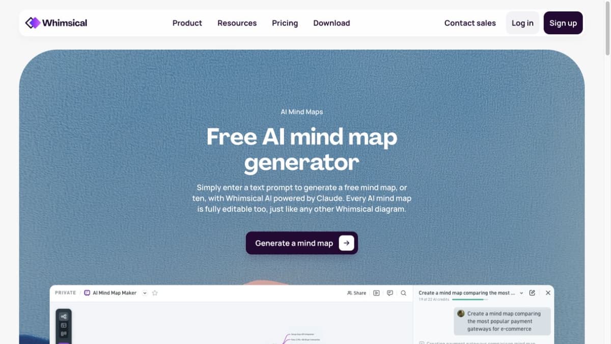 Whimsical AI mind-map page showing its prompt-to-map positioning and a workspace preview.