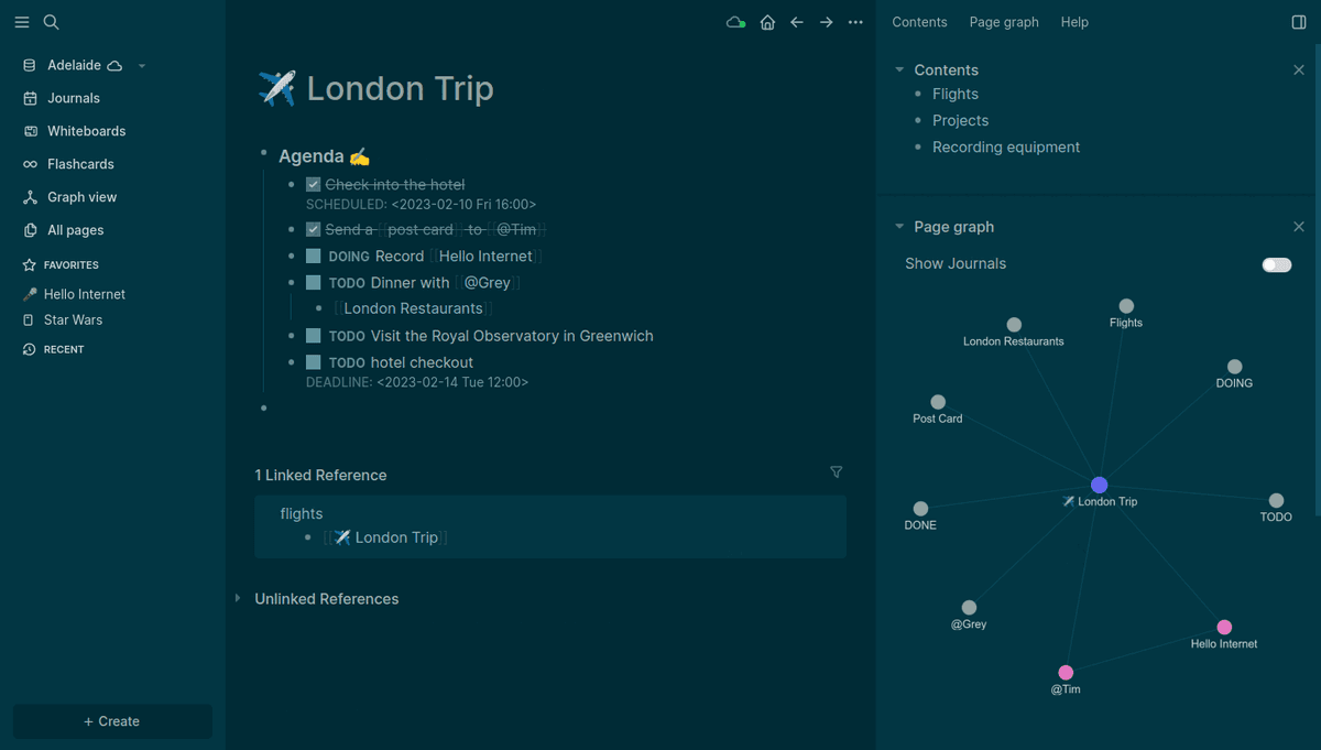 Historical official Logseq LondonTrip outline with wiki links, one LinkedReference and a linked page graph.