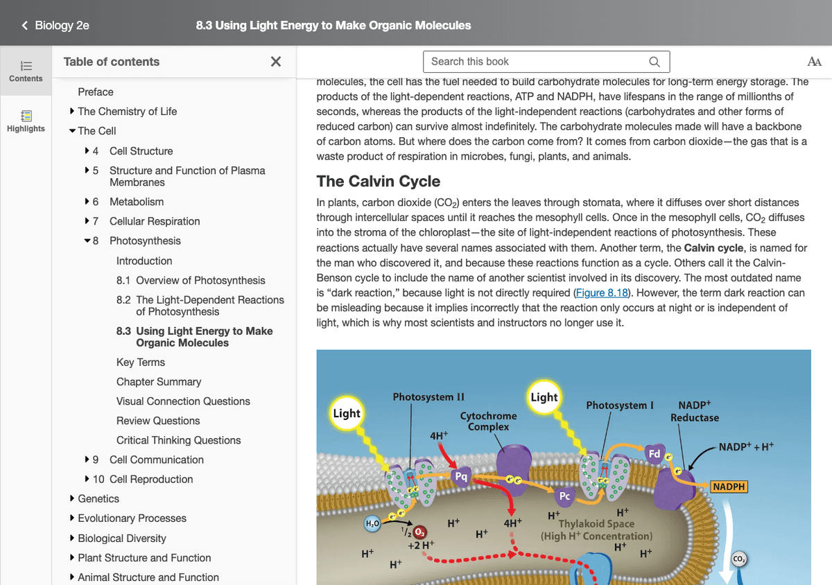 OpenStax Biology 2e section on photosynthesis showing Figure 8.18 for the Calvin cycle and light reactions