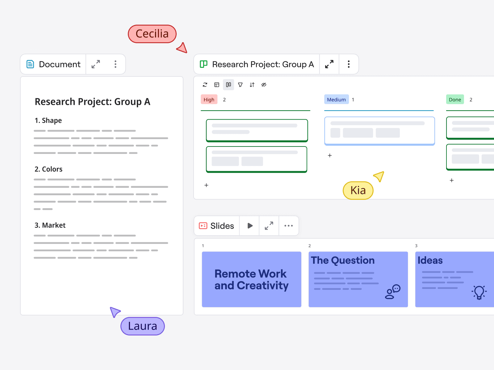 Miro canvas with a research project frame, a remote-work slide area, and a question-and-ideas board.