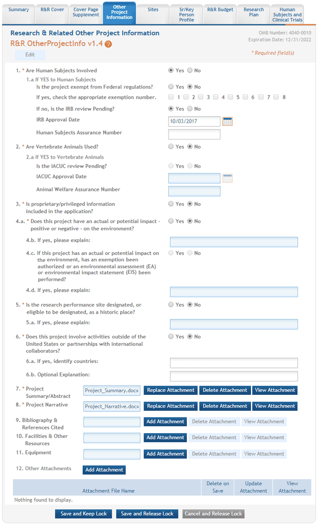 NIH form help showing separate project summary and project narrative attachment rows