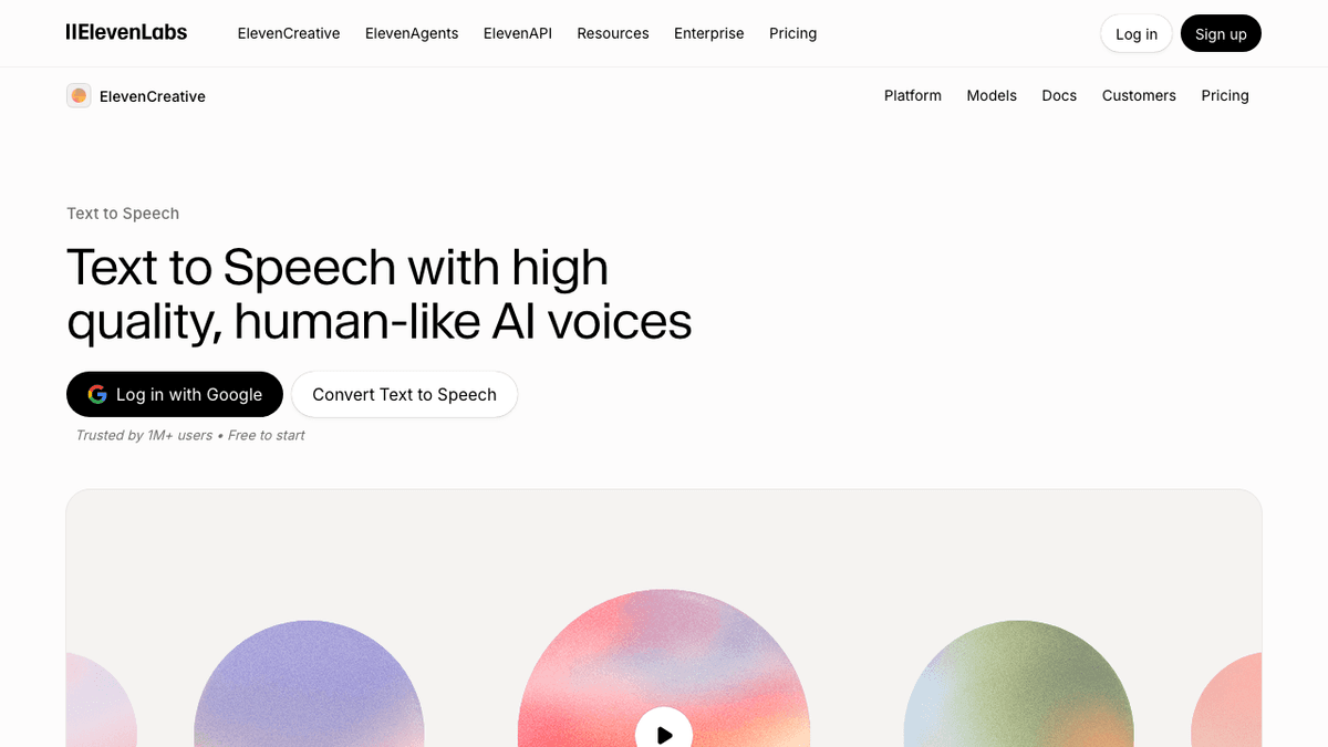ElevenLabs public text-to-speech page with voice conversion controls.