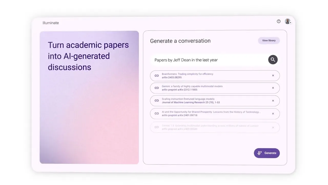 Google Illuminate screen listing research papers and a Generate control before creating an audio discussion.