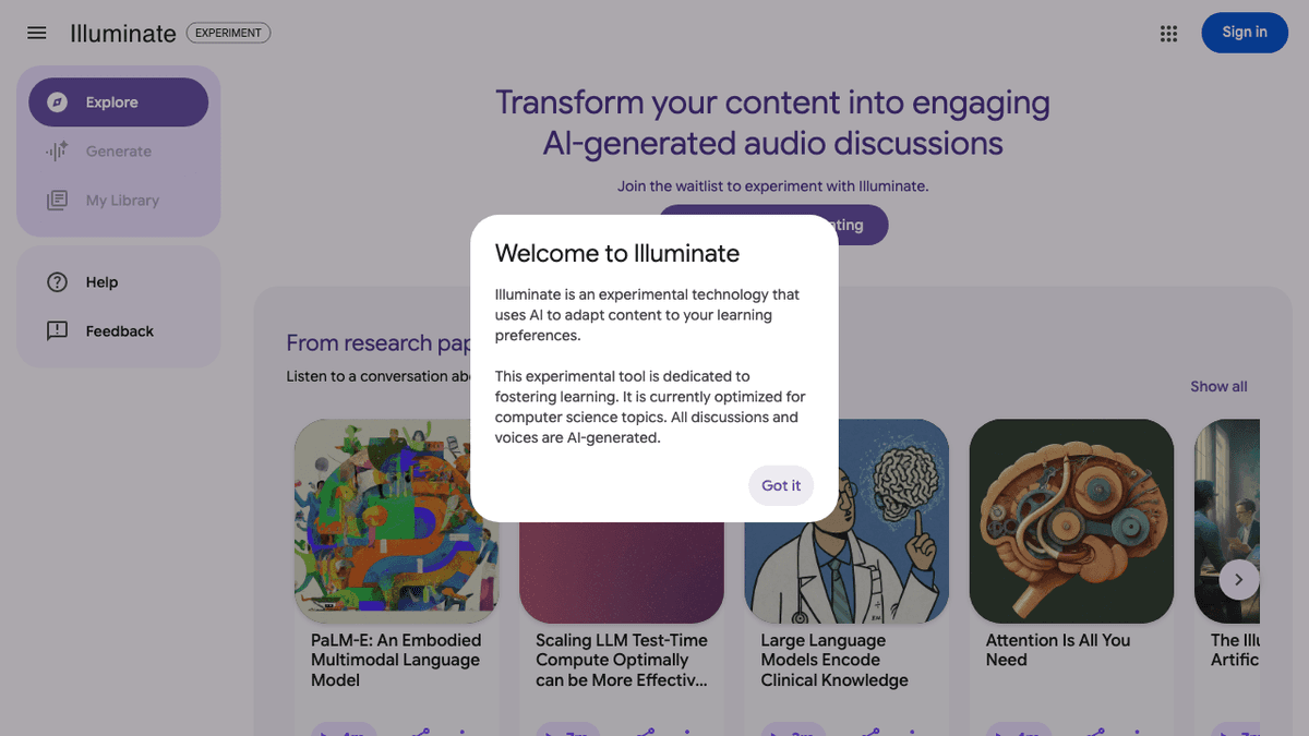 Google Illuminate public Explore page with paper-based AI audio discussions.