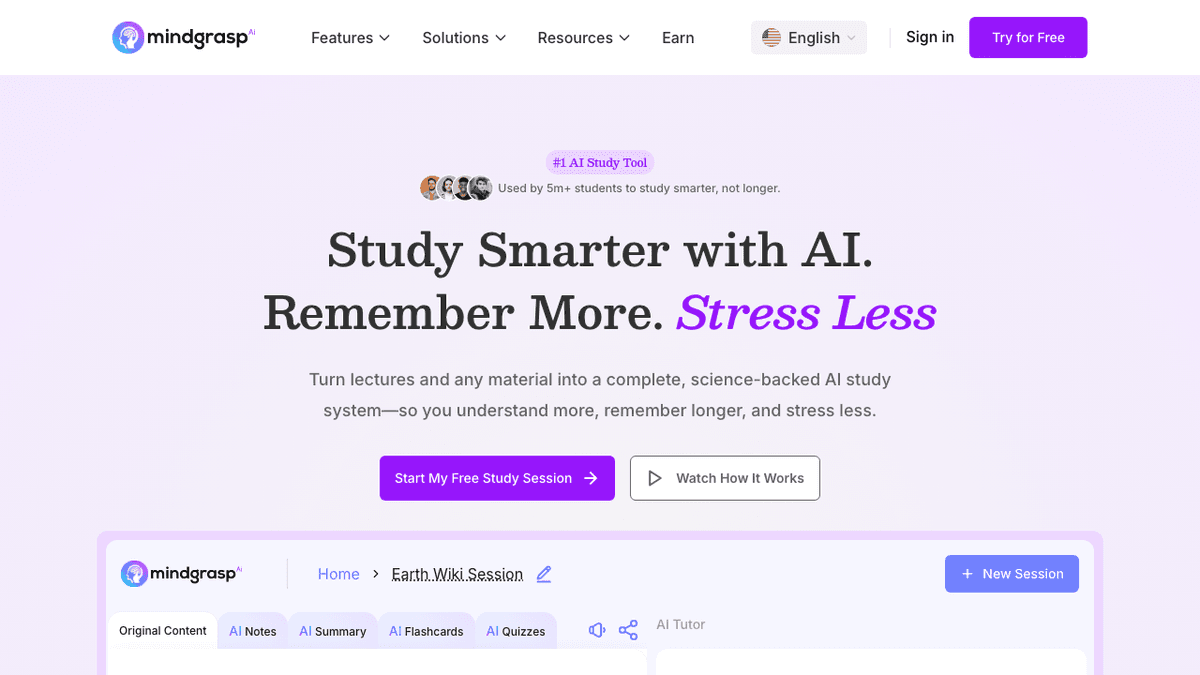 Mindgrasp public page showing AI notes, AI summary, flashcards, quizzes, and tutor tabs.