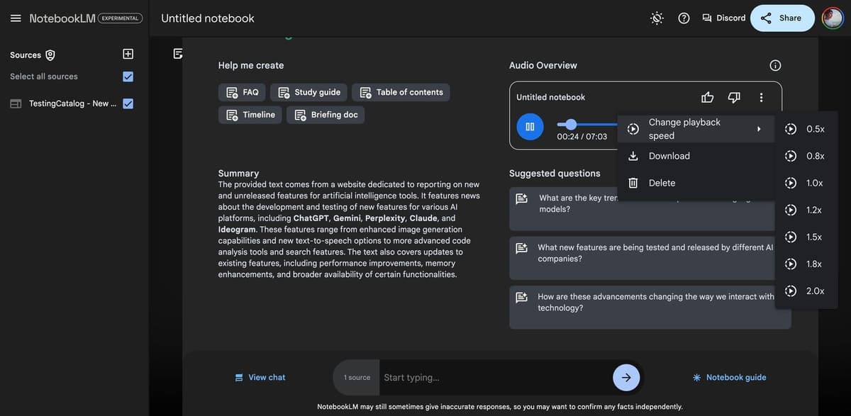 NotebookLM Audio Overview panel showing playback speed controls, download menu, and suggested questions.