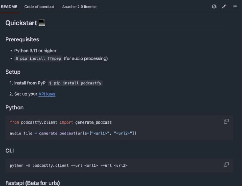 Podcastfy GitHub Quickstart showing Python and ffmpeg prerequisites, installation and API-key steps, and Python and CLI examples.