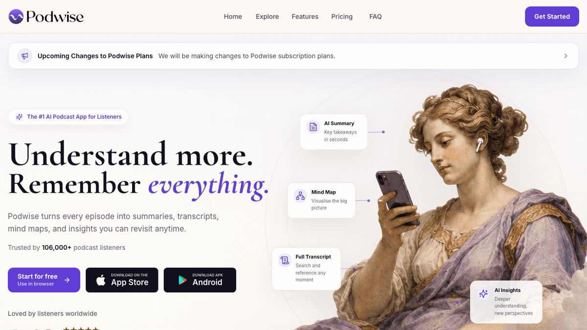 Podwise public page showing podcast summaries, transcripts, mind maps, and AI insights.