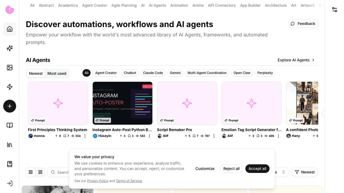 Snack Prompt public page showing prompt and AI agent marketplace navigation.