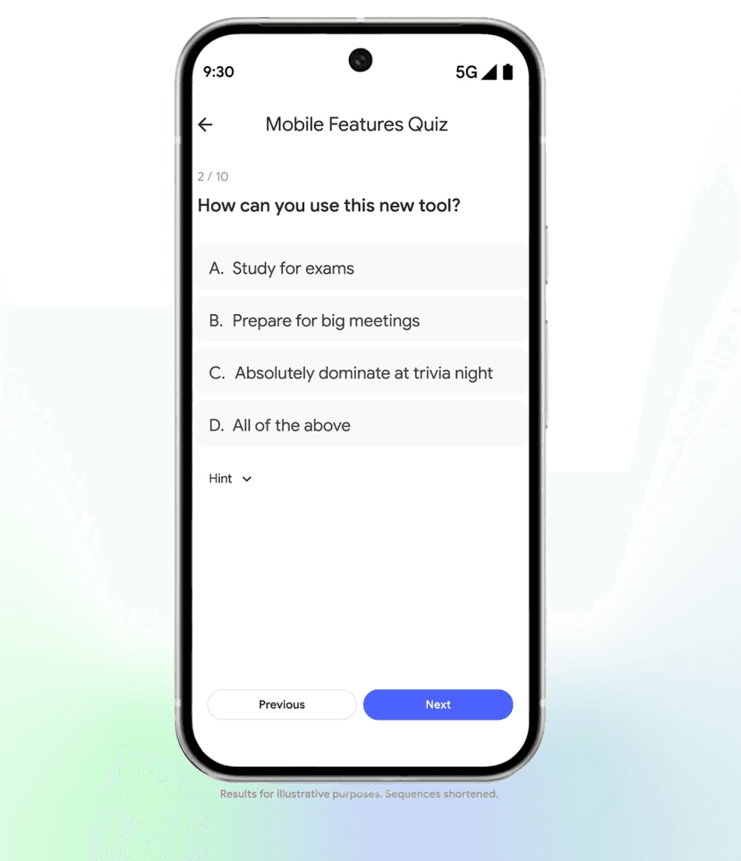 NotebookLM mobile quiz screen with a multiple-choice question, from an official 2025 product video.