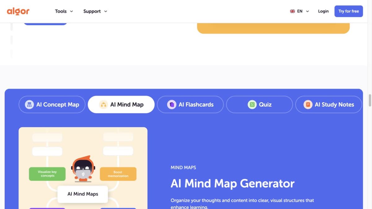 Algor Education’s public AI Mind Map section, with the Mind Map tab selected beside other study formats.