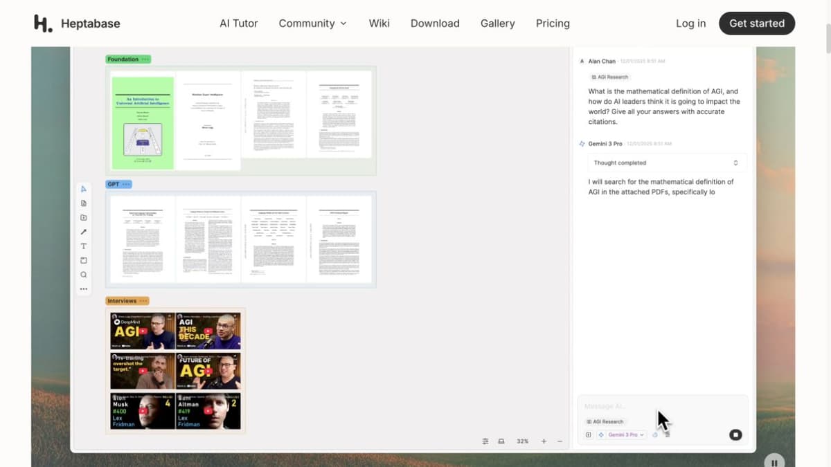 Heptabase marketing video frame showing a whiteboard of grouped source cards beside an AI side panel.