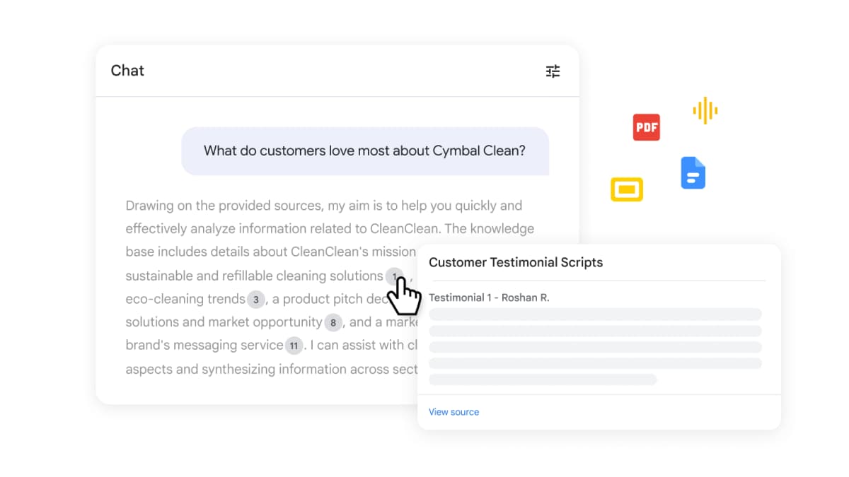 Gemini Notebook chat answer with inline citations, a citation preview, and a View source control.